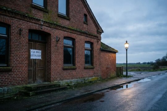 Alte Gaststätte in Schleswig-Holstein bei Dämmerung, an deren Holztür ein Schild "FÜR IMMER GESCHLOSSEN" hängt – ein Zeichen für das Kneipensterben.