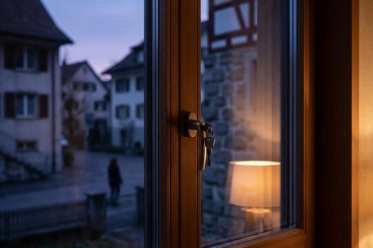 Nahaufnahme eines fest verschlossenen Fensters mit stabilem Rahmen und Doppelverglasung, das modernen Einbruchschutz St. Gallen bei Dämmerung effektiv demonstriert.
