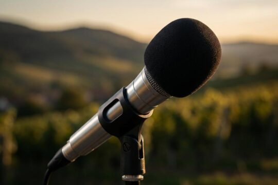 Ein silbernes Reporter-Mikrofon mit schwarzem Windschutz im Vordergrund, bereit für die Nachrichten Baden-Württembergs heute. Unscharf im Hintergrund sanfte Hügel im Abendlicht.
