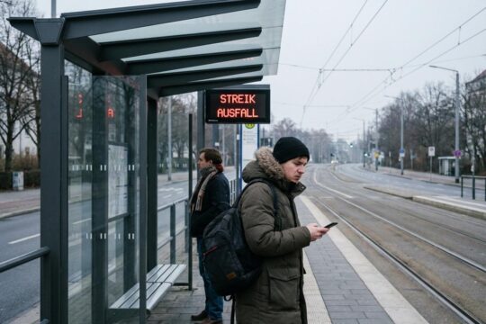 Eine digitale Anzeigetafel meldet "Ausfall" an einer leeren Bushaltestelle beim Warnstreik Nahverkehr MV, während wartende Personen die Kälte spüren.