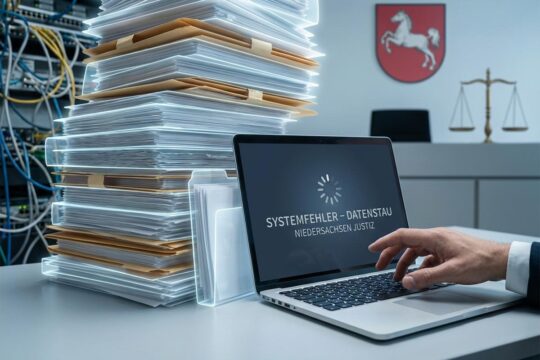 Virtuelle Akten türmen sich chaotisch auf einem Gerichtsschreibtisch, während eine angespannte Hand die Tastatur berührt. Die IT-Panne der Justiz Niedersachsen wird deutlich.
