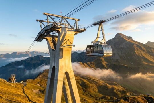 Moderne Seilbahnstütze und elegante Gondel vor goldener Alpenkulisse bei Sonnenaufgang. Der Seilbahn Hoher Kasten Neubau vereint Ingenieurskunst und Natur.