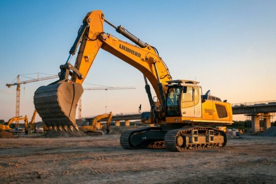 Ein hochmoderner gelber Hydraulikbagger steht einsatzbereit im warmen Abendlicht auf einer Baustelle. Symbol für die flexible Vermietung schwerer Baumaschinen.