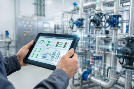 Techniker bedient Tablet mit intuitivem Wartungs-Dashboard, das effiziente digitale Instandhaltung von Industriemaschinen in moderner Anlage zeigt.