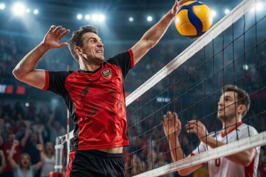 BR Volleys Spieler springt zum siegbringenden Schlag, der den BR Volleys Sieg Friedrichshafen besiegelt. Der Gegner resigniert, Fans jubeln.