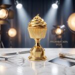 Glänzender goldener Cupcake-Pokal auf weißem Tisch, umgeben von Backutensilien. Bühnenlichter symbolisieren die Das große Promibacken 2026 Kandidaten.