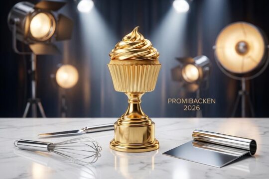 Glänzender goldener Cupcake-Pokal auf weißem Tisch, umgeben von Backutensilien. Bühnenlichter symbolisieren die Das große Promibacken 2026 Kandidaten.