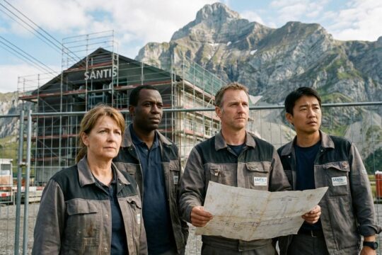 Drei nachdenkliche Säntis Schwebebahn Umbau Mitarbeiter stehen in Uniform vor ihrer Baustelle am Berg. Der Säntis-Gipfel thront majestätisch darüber.