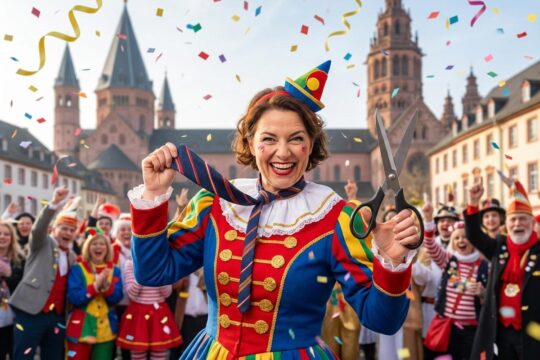 Frau in Mainzer Kostüm zeigt triumphierend abgeschnittene Krawatte und Schere. Hintergrund: Weiberfastnacht Mainz und Bad Kreuznach 2026.