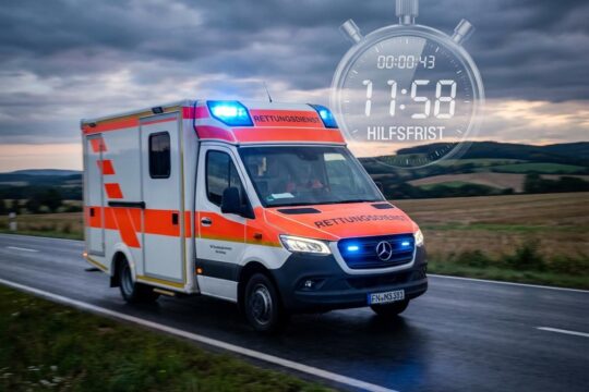 Ein moderner Rettungswagen mit Blaulicht rast dynamisch auf einer sächsischen Landstraße. Die Stoppuhr betont die kritische Hilfsfrist Sachsen.