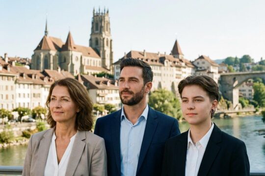 Drei diverse, optimistisch blickende Fachkräfte vor Freiburgs St. Nikolaus-Kathedrale und Altstadt. Sie repräsentieren den dynamischen Arbeitsmarkt Kanton Freiburg.