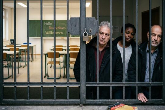 Eine diverse Gruppe blickt nachdenklich durch ein verschlossenes Tor auf ein Klassenzimmer. Die Sparmaßnahmen bei Integrationskursen versperren ihren Weg zur Bildung.