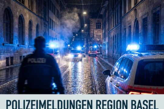 Eine düstere, regennasse Basler Gasse bei Nacht mit pulsierenden Blaulichtern von Einsatzfahrzeugen. Ein typisches Bild für die Polizeimeldungen Region Basel.