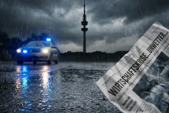 Regennasser Asphalt reflektiert blaues Polizeilicht vor dem Stuttgarter Fernsehturm. Eine zerknitterte Zeitung steht für aktuelle Nachrichten Baden-Württemberg.
