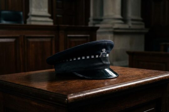 Polizei-Schirmmütze mit schwarzem Trauerband auf dunklem Holztisch im Gerichtssaal, ein starkes Symbol für den Prozess Polizistenmord Völklingen.