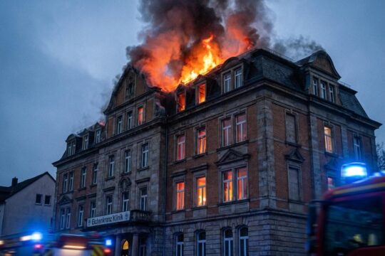 Feuer Klinik Liebenburg: alte Klinik im Dämmerlicht, Flammen schlagen aus dem Dach, umgeben von Blaulichtern des Großeinsatzes.