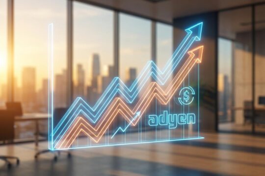 Leuchtende 3D-Grafik in Adyen-Farben zeigt steilen Wachstumstrend. Im Hintergrund ein modernes Büro mit Skyline. Visualisiert die Adyen Wachstumsprognose.