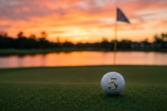 Golfball mit goldener '5' auf dem makellosen Rasen des TPC Sawgrass 17. Lochs bei Sonnenuntergang, symbolisiert die Players Championship fünftes Major.