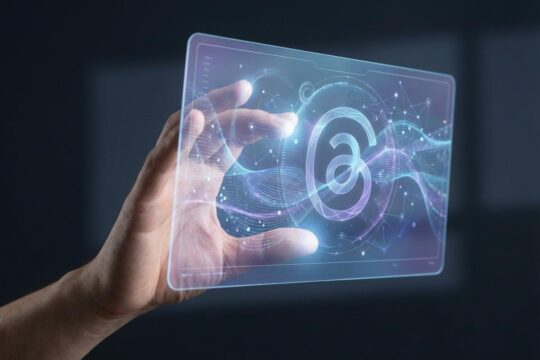 Eine Hand formt auf einem leuchtenden holographischen Interface dynamische Datenströme. So wird die bewusste Steuerung des Threads Algorithmus im Feed dargestellt.