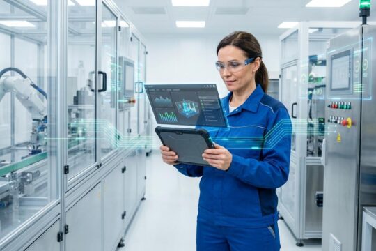Instandhaltungstechniker in Hightech-Produktion steuert Anlagen per Tablet mit CMMS-Software. Daten verbinden sich mit Maschinen für effiziente digitale Instandhaltung.