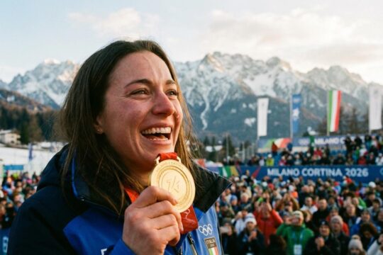 Jubelnde Goldmedaillen-Gewinnerin bei den Olympischen Winterspielen 2026 vor verschneiten italienischen Alpen. Sie feiert ihren Triumph nach den spannenden Olympia 2026 Ergebnissen.