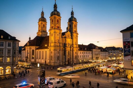 Das belebte Stadtbild St. Gallens bei Dämmerung, mit der majestätischen Stiftskirche im Zentrum, spiegelt die dynamischen Aktuelle News St. Gallen wider.