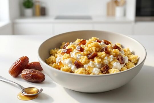 Appetitliches Pre-Workout-Meal Rezept: Eine Schale Rührei-ähnliche Mischung aus Maiswaffeln, Hüttenkäse, Datteln und Honig. Daneben frische Datteln und tropfender Honig.