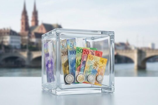 Ein gläserner Würfel mit Schweizer Franken-Banknoten und Münzen, dahinter unscharf das Basler Münster, symbolisiert die neue Transparenz der Parteifinanzierung Basel-Stadt.