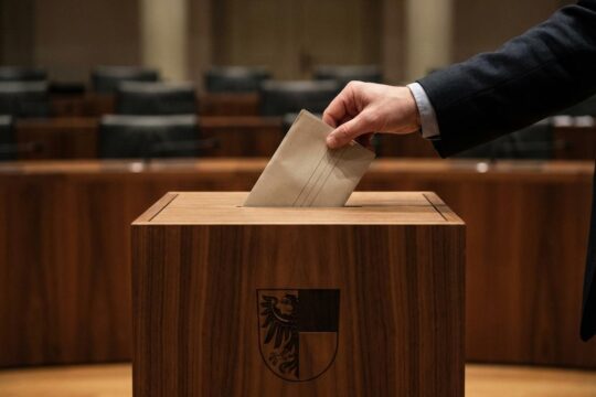 Eine Hand wirft einen gefalteten Stimmzettel in eine moderne Wahlurne mit Freiburger Wappen. Dies symbolisiert die wichtige Wahl im Grossen Rat Freiburg in einem Plenarsaal.