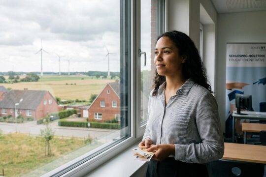 Optimistische Lehrerin mit Geldscheinen in der Hand blickt auf die ländliche Landschaft. Sie symbolisiert die Lehrermangel Prämie Schleswig-Holstein.