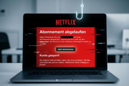Ein Laptop-Bildschirm zeigt eine täuschend echte Netflix Phishing Mail mit gefälschten Warnungen wie "Konto gesperrt" und einem verlockenden "Jetzt aktualisieren"-Button.