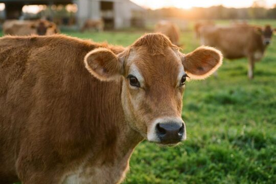 Eine zutrauliche Jersey-Kuh mit braunem Fell steht in goldener Abendsonne auf grüner Weide und repräsentiert die besonderen Jersey Kühe in der Landwirtschaft.
