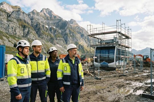 Nachdenkliches Säntis-Schwebebahn Neubau Personal blickt auf die Baustelle der modernen Gondel, umgeben von Gerüsten in den Säntis-Felsen.