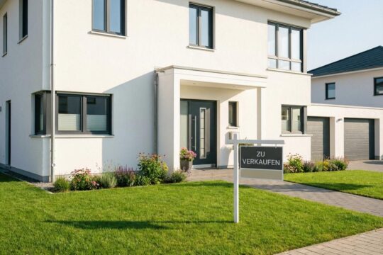 Ein modernes Einfamilienhaus mit heller Fassade und gepflegtem Vorgarten. Das "Zu Verkaufen"-Schild symbolisiert erfolgreiche Haus verkaufen Tipps.