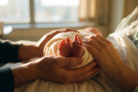 Zärtliche Hände eines Paares halten die kleinen Füße eines Neugeborenen, symbolisch für das Riccardo Angelini Laura Rauch Baby.