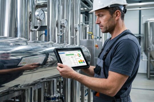 Ein fokussierter Techniker nutzt ein Tablet mit Echtzeitdaten an einer modernen Industrieanlage, um die Instandhaltung zu digitalisieren.