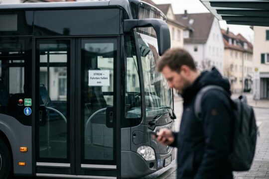 Der Warnstreik Nahverkehr Baden-Württemberg: Ein leerer Bus mit "STREIK"-Schild an einer Haltestelle, ein Pendler wartet frustriert.