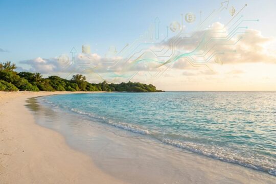Malerische Karibikküste mit goldenem Strand bei Sonnenaufgang. Darüber schweben leuchtende digitale Symbole, die hohe ai Domain Einnahmen und Wohlstand darstellen.