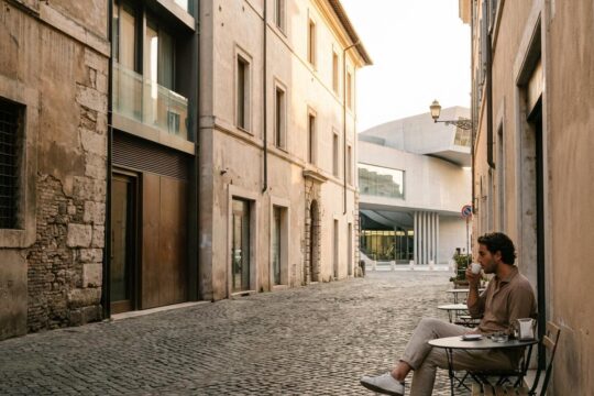 Sonnige römische Seitenstraße zur goldenen Stunde, wo eine Person entspannt Espresso trinkt. Ein authentisches Erlebnis für Rom für Fortgeschrittene.