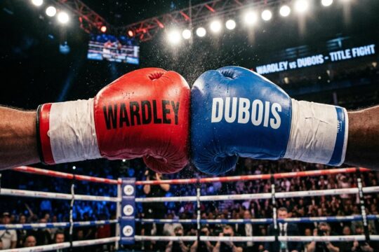 Rote und blaue Boxhandschuhe prallen im Ring mit explosiver Energie aufeinander, symbolisierend das Schwergewichtsduell Fabio Wardley vs Daniel Dubois.