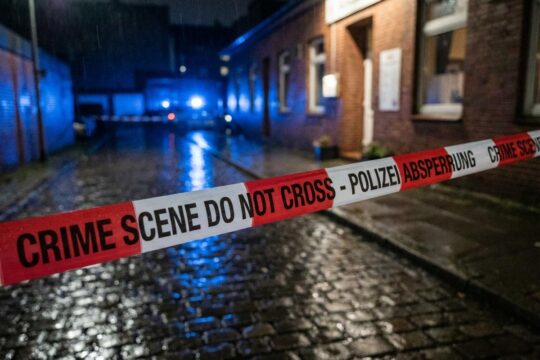 Rot-weißes Polizei-Absperrband sichert eine regennasse Gasse in Hamburg nach dem tödlichen Messerangriff vor einem Restaurant.
