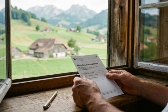 Hände halten einen Stimmzettel für die Nationalratswahl Appenzell Ausserrhoden auf rustikalem Holz. Im Hintergrund Appenzeller Hügel und Bauernhäuser.