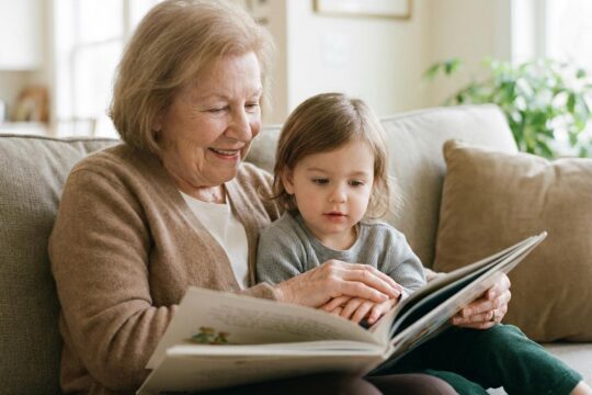 Eine lächelnde ältere Frau liest einem neugierigen Kind (4-5 Jahre) auf einem Sofa vor, ihre Hände berühren sich. Ein harmonisches Zusammenleben der Generationen.