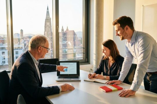Geschäftsleute beraten sich vor Freiburger Skyline. Sie planen, wie man erfolgreich im Kanton Freiburg arbeiten und Unternehmen gründen kann.