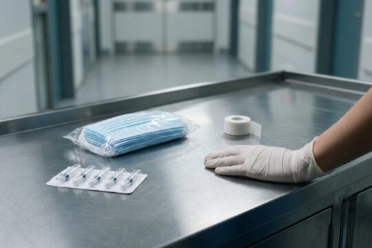 Leere medizinische Ablage mit wenigen Masken und Spritzen. Eine besorgte Arzt-Hand verdeutlicht die drastischen Lieferengpässe bei Medizinprodukten.