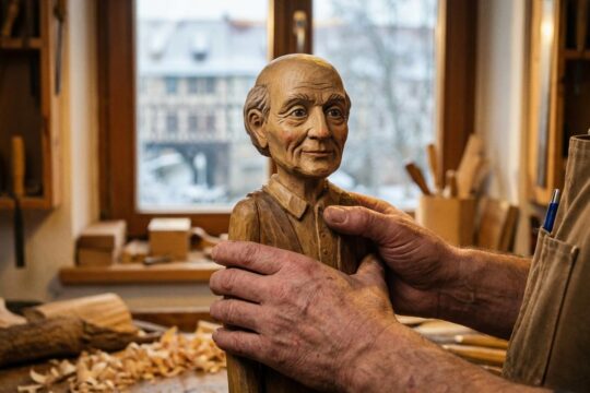 Martin Gobsch, der Thüringer des Monats Januar, hält behutsam seine detailreiche Lindenholzpuppe in seiner Werkstatt an der Krämerbrücke.