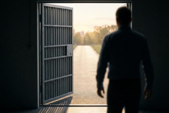 Person verlässt offene Gefängnistür und betritt hellen Weg im Morgenlicht. Ein Neubeginn für die Resozialisierung nach Haftentlassung.