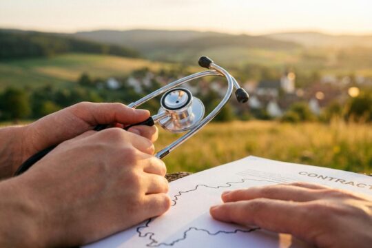 Nahaufnahme der Hände einer Medizinstudentin, die ein Stethoskop hält und auf ein Dokument für die Landarztquote Hessen zeigt, im Hintergrund Hessens Landschaft.