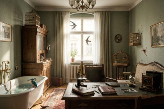 Sonnenlicht durchflutet ein 1920er Wohnzimmer mit Eisvogel, Specht und Seglern; ein Blick in die einzigartige Ausstellung Vogel-WG Erfurt.