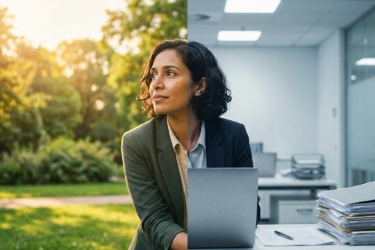 Nachdenkliche Person zwischen grünem Park für Freizeit und sterilem Büro für Arbeit, die 4 Tage Woche Vorteile und Nachteile abwägend.